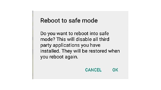 Do you want to reboot into safe mode? This will disable all third party applications you have installed. They will be restored when you reboot again.